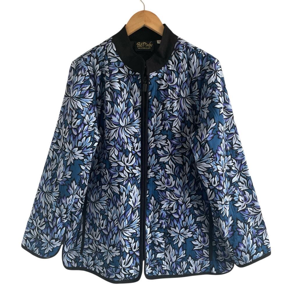 Bob Mackie Wearable Art Jacket Large Blue Floral Zip Front Quilted Lightweight